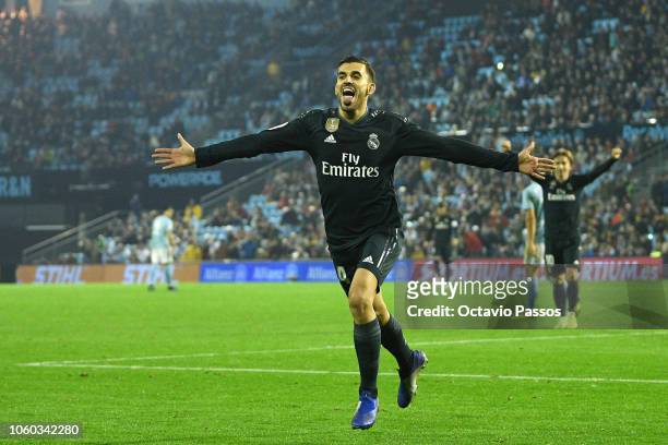 Dani Ceballos of Real Madrid celebrates after scores the fourth goal during the La Liga match between RC Celta de Vigo and Real Madrid CF at...