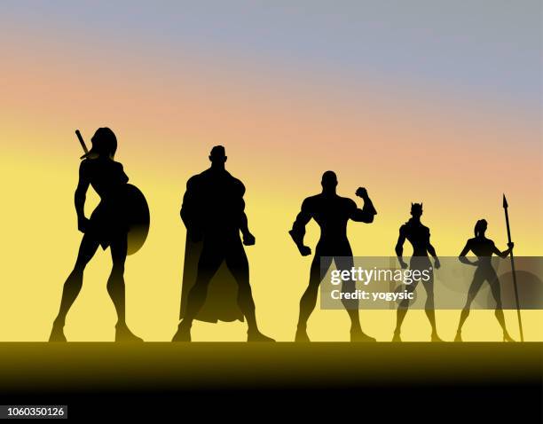 vector superhero team silhouette - superhero shield stock illustrations