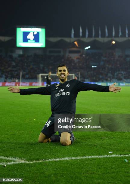 Dani Ceballos of Real Madrid celebrates after scores the fourth goal during the La Liga match between RC Celta de Vigo and Real Madrid CF at...