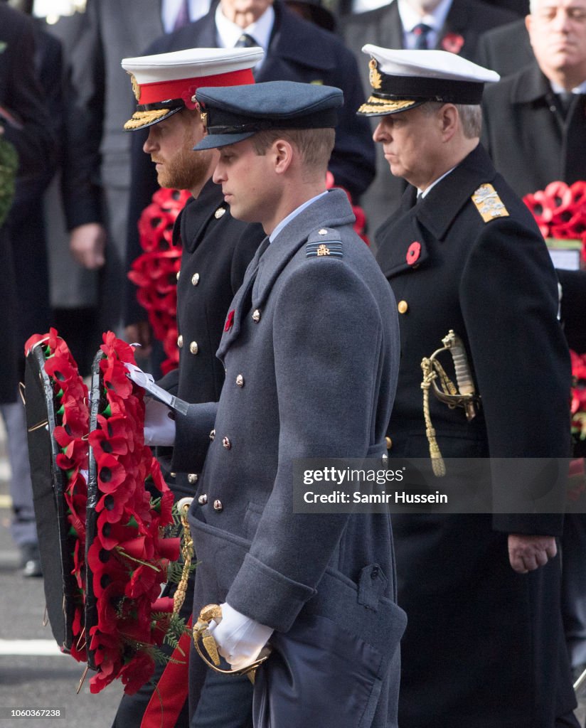 Wreaths Are Laid At The Cenotaph On Remembrance Sunday