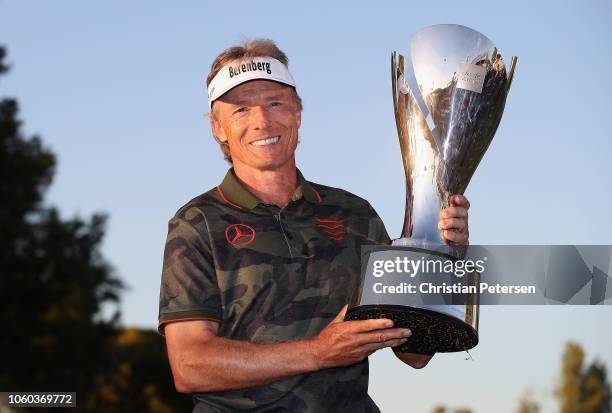 Bernhard Langer of Germany poses with the Charles Schwab Cup after winning the seaon long overall standings during the Charles Schwab Cup...