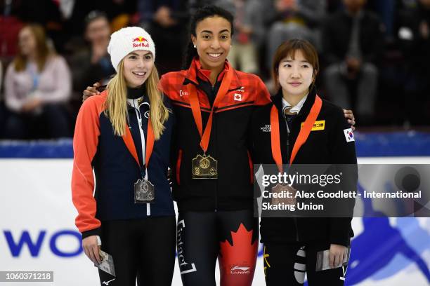 Anna Seidel of Germany, Alyson Charles of Canada and Ah Rum Noh of Korea pose for a picture after the ladies 1000m final during ISU World Cup Short...