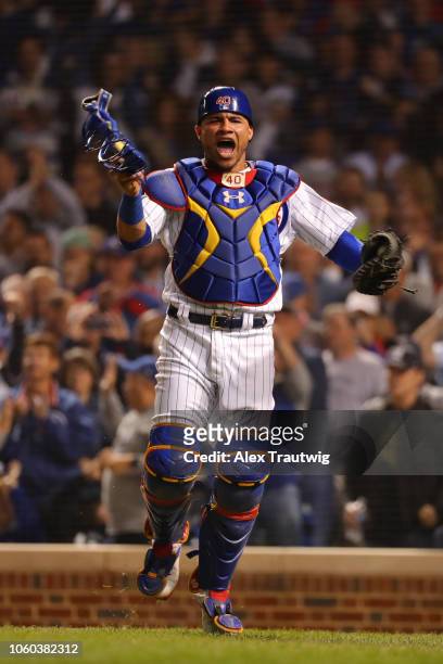 Willson Contreras of the Chicago Cubs celebrates during the National League Wild Card game against the Colorado Rockies at Wrigley Field on Tuesday,...