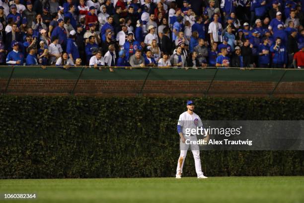 Kris Bryant of the Chicago Cubs looks no during the National League Wild Card game against the Colorado Rockies at Wrigley Field on Tuesday, October...