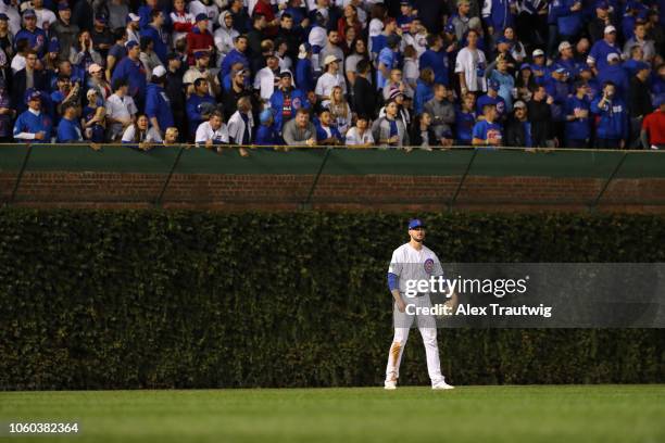 Kris Bryant of the Chicago Cubs looks no during the National League Wild Card game against the Colorado Rockies at Wrigley Field on Tuesday, October...