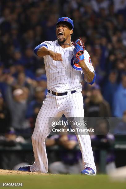 Pedro Strop of the Chicago Cubs celebrates during the National League Wild Card game against the Colorado Rockies at Wrigley Field on Tuesday,...