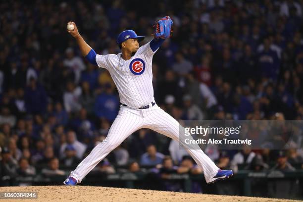 Pedro Strop of the Chicago Cubs pitches during the National League Wild Card game against the Colorado Rockies at Wrigley Field on Tuesday, October...