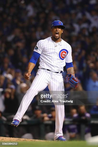 Pedro Strop of the Chicago Cubs celebrates during the National League Wild Card game against the Colorado Rockies at Wrigley Field on Tuesday,...