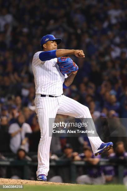 Pedro Strop of the Chicago Cubs celebrates during the National League Wild Card game against the Colorado Rockies at Wrigley Field on Tuesday,...