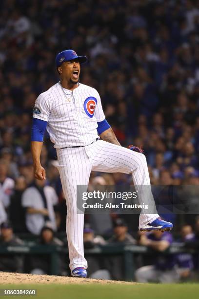 Pedro Strop of the Chicago Cubs celebrates during the National League Wild Card game against the Colorado Rockies at Wrigley Field on Tuesday,...