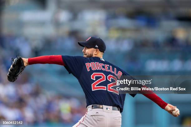 Rick Porcello of the Boston Red Sox delivers during the first inning of game three of the 2018 World Series against the Los Angeles Dodgers on...