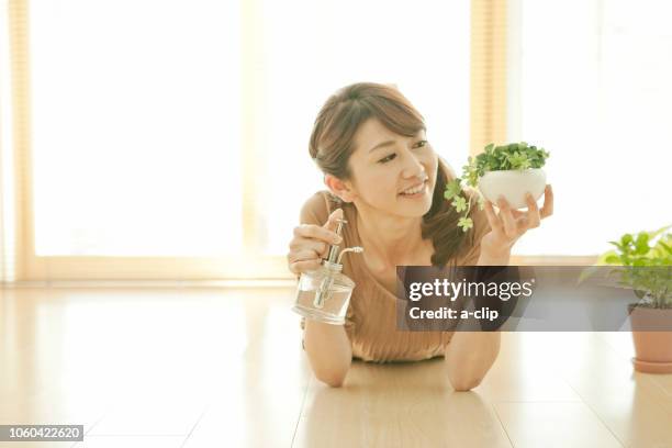 a young woman watering an ornamental plant - woman smiling facing down stock pictures, royalty-free photos & images