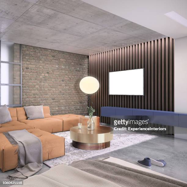 modernes wohnzimmer mit großem tv an der wand - table brick wall wood stock-fotos und bilder