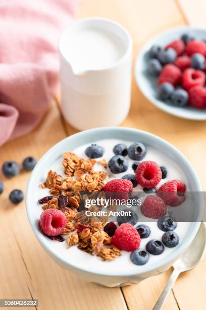 breakfast cereal granola with berries and greek yogurt - greek yogurt stock pictures, royalty-free photos & images