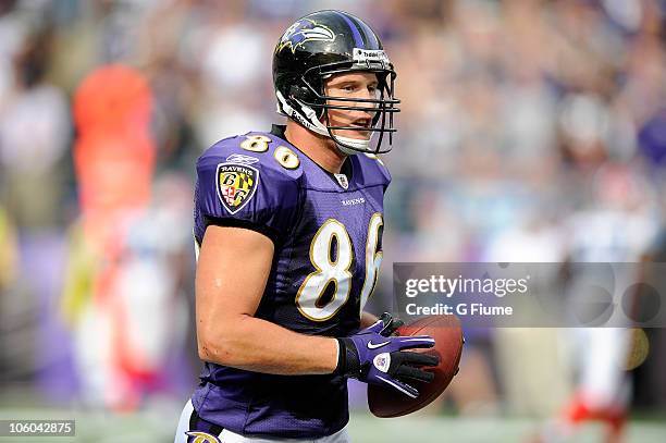 Todd Heap of the Baltimore Ravens celebrates after scoring a touchdown against the Buffalo Bills at M&T Bank Stadium on October 24, 2010 in...