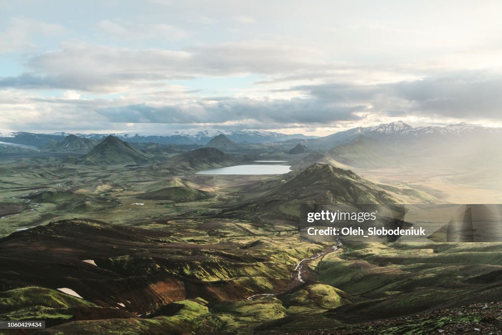 Scenic view of Alftavatn lake valley at sunset