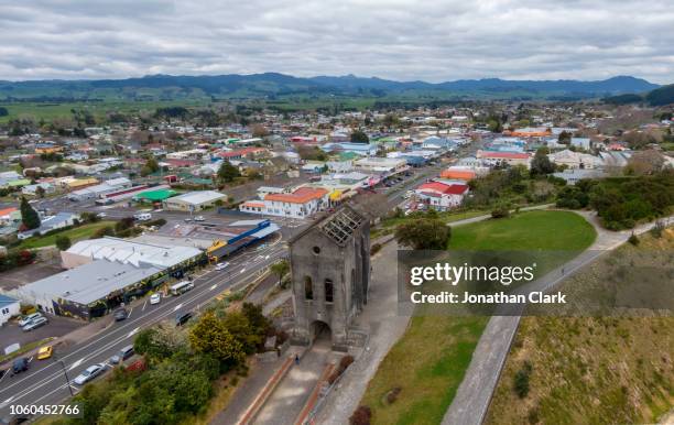 aerial view over waihi town in new zealand - martha mine stock pictures, royalty-free photos & images
