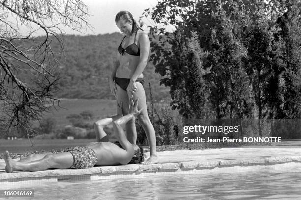 French actor Alain Delon and Austrian born actress Romy Schneider on the set of The Swimming Pool in 1968 in Saint-Tropez, France.