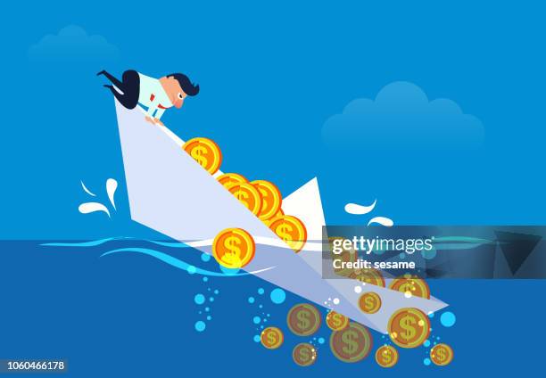 businessman's boat and gold coins sinking - cartoon money stock illustrations