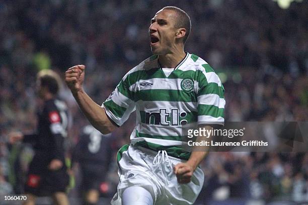 Henrik Larsson of Celtic celebrates scoring his penalty during the Champions League game between Celtic and Juventus at Celtic Park, Glasgow. DIGITAL...