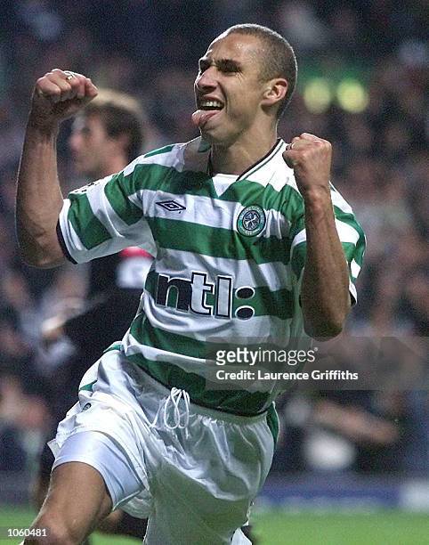 Henrik Larsson of Celtic celebates his penalty during the Champions League game between Celtic and Juventus at Celtic Park, Glasgow. DIGITAL IMAGE....
