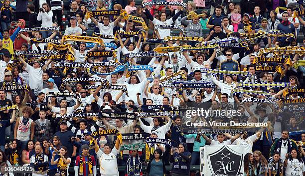 Los Angeles Galaxy fans hold up their scarfs prior to a corner kick during the MLS match between FC Dallas and the Los Angeles Galaxy on October 24,...