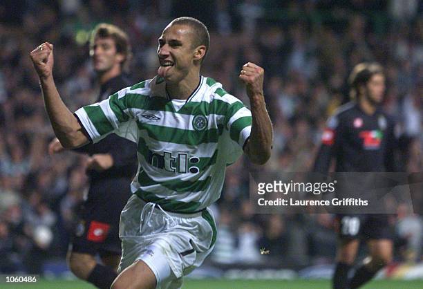 Henrik Larsson of Celtic celebates his penalty during the Champions League game between Celtic and Juventus at Celtic Park, Glasgow. DIGITAL IMAGE....