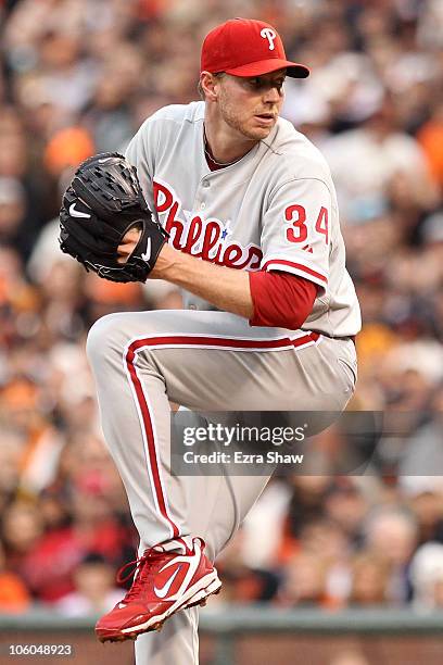 Roy Halladay of the Philadelphia Phillies throws a pitch against the San Francisco Giants in Game Five of the NLCS during the 2010 MLB Playoffs at...