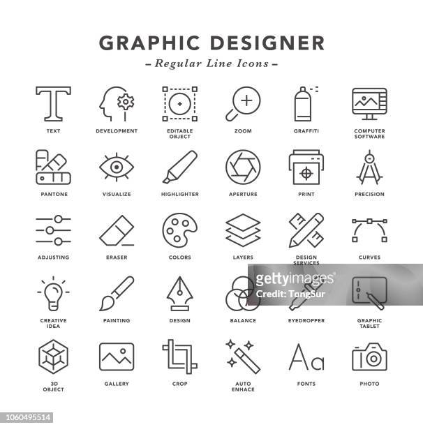graphic designer - regular line icons - typography design stock illustrations