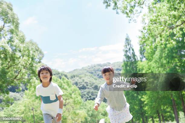 brother and sister playing in the park - only kids at sky stock pictures, royalty-free photos & images