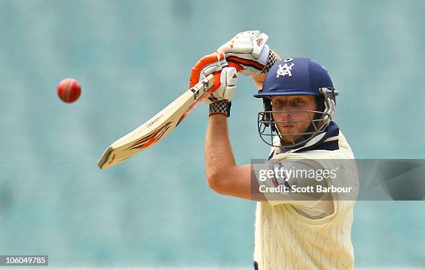 Michael Hill of the Bushrangers bats during the Sheffield Shield match between the Victorian Bushrangers and the Tasmanian Tigers at Melbourne...