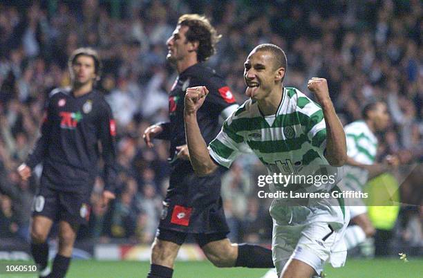 Henrik Larsson of Celtic celebrates his penalty kick during the Champions League game between Celtic and Juventus at Celtic Park, Glasgow. DIGITAL...