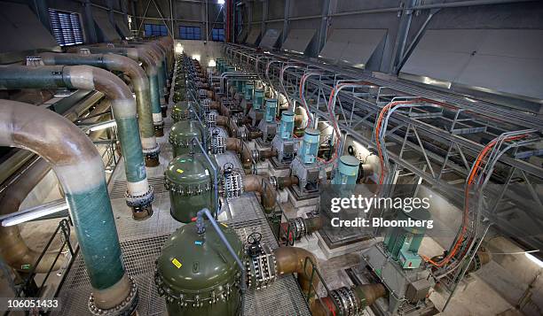 The booster pump hall operates at the Kurnell desalination plant, in Sydney, Australia, on Monday, Oct. 25, 2010. Operated by Veolia Water, it is...