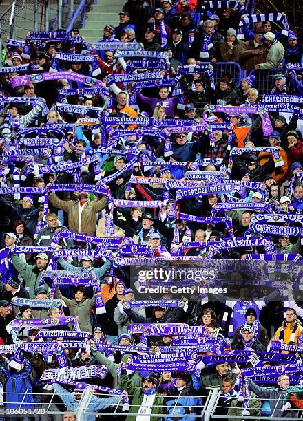 Fans of Erzgebirge Aue are seen prior to the the Second Bundesliga match between Erzgebirge Aue and Rot-Weiss Oberhausen at Erzgebirgs stadium on...