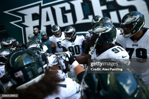 The Eagles gather in the tunnel area prior to their warm up during the NFL International Series match between Philadelphia Eagles and Jacksonville...