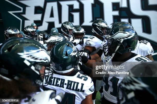 The Eagles gather in the tunnel area prior to their warm up during the NFL International Series match between Philadelphia Eagles and Jacksonville...