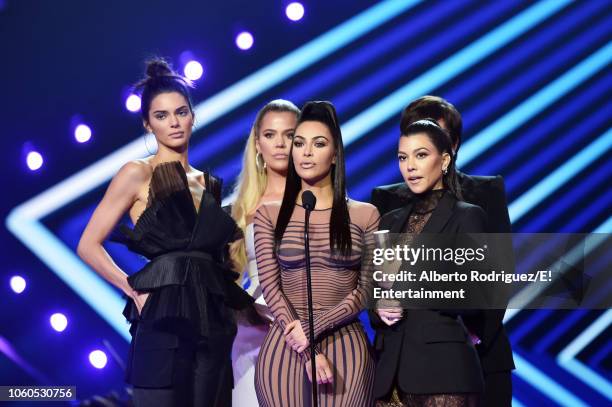 Pictured: TV personalities Kendall Jenner, Khloe Kardashian, Kim Kardashian, Kourtney Kardashian, and Kris Jenner accept The Reality Show of 2018...