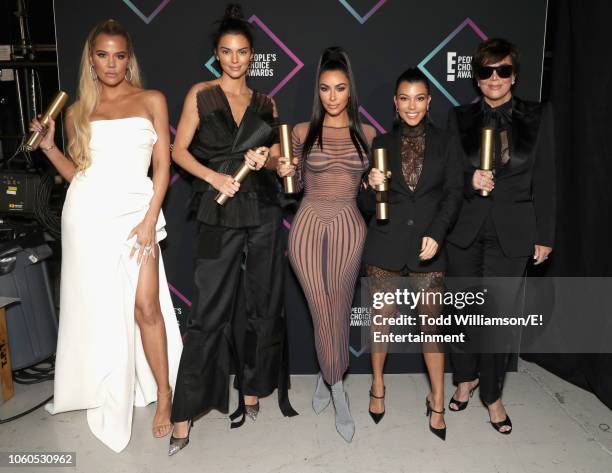 Pictured: Khloe Kardashian, Kendall Jenner, Kim Kardashian, Kourtney Kardashian and Kris Jenner backstage during the 2018 E! People's Choice Awards...