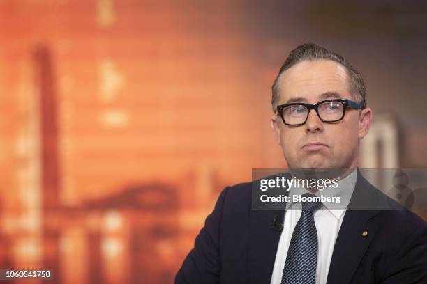 Alan Joyce, chief executive officer of Qantas Airways Ltd., speaks during a Bloomberg Television interview in Hong Kong, China, on Monday, Nov. 12,...