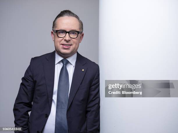 Alan Joyce, chief executive officer of Qantas Airways Ltd., poses for a photograph ahead of a Bloomberg Television interview in Hong Kong, China, on...