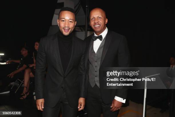 Pictured: Recording artist John Legend and People's Champion Award honoree Bryan Stevenson pose during the 2018 E! People's Choice Awards held at the...