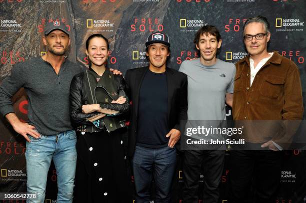 Tim McGraw, director and producer Elizabeth Chai Vasarhelyi, director, producer, and cinematographer Jimmy Chin, featured climber Alex Honnold, and...