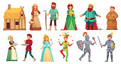 Medieval historical characters. Historic royal court alcazar knights, medieval peasant and king isolated cartoon vector character