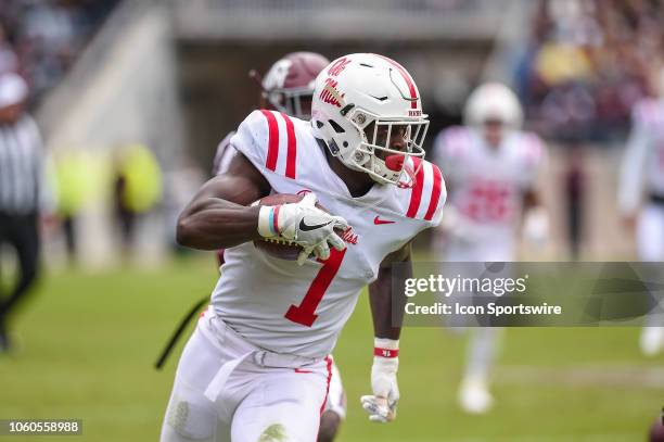 Mississippi Rebels wide receiver A.J. Brown runs the ball during a game between the Ole Miss Rebels and the Texas A&M Aggies on November 10, 2018 at...