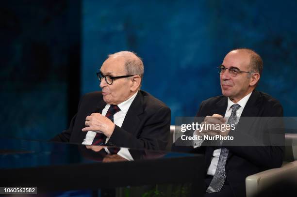 Ennio Morricone and Giuseppe Tornatore attends tv program &quot;Che tempo che fa&quot;, broadcast on air on Rai 1, italian public television on...