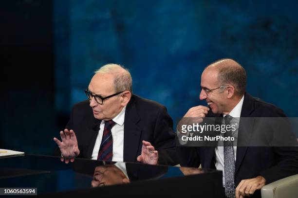 Great Master and Composer Ennio Morricone with movie director Giuseppe Tornatore guest of tv program &quot;Che tempo che fa&quot;, broadcast on air...