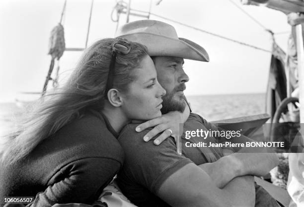 Actor Alain Delon relaxes with wife Nathalie during the shooting of the movie The Last Adventure , directed by Robert Enrico in September 1966 in...