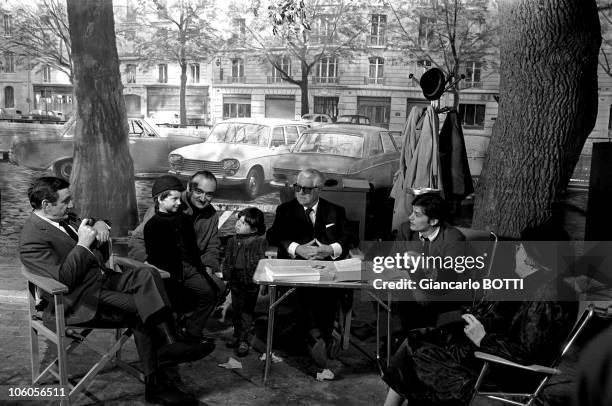 Actors Alain Delon, Lino Ventura, Jean Gabin and director Henri Verneuil on the set of the movie The Sicilian Clan , directed by Henri Verneuil in...