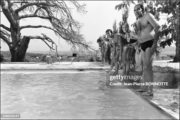 French director Jacques Deray, Austrian born actress Romy Schneider, French actor Alain Delon, French swimmers Christine Caron and Alain Mosconi on...