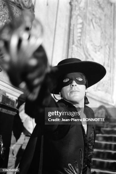 French actor Alain Delon during the shooting of the movie Zorro, directed by Duccio Tessari in 1974 in Madrid, Spain.